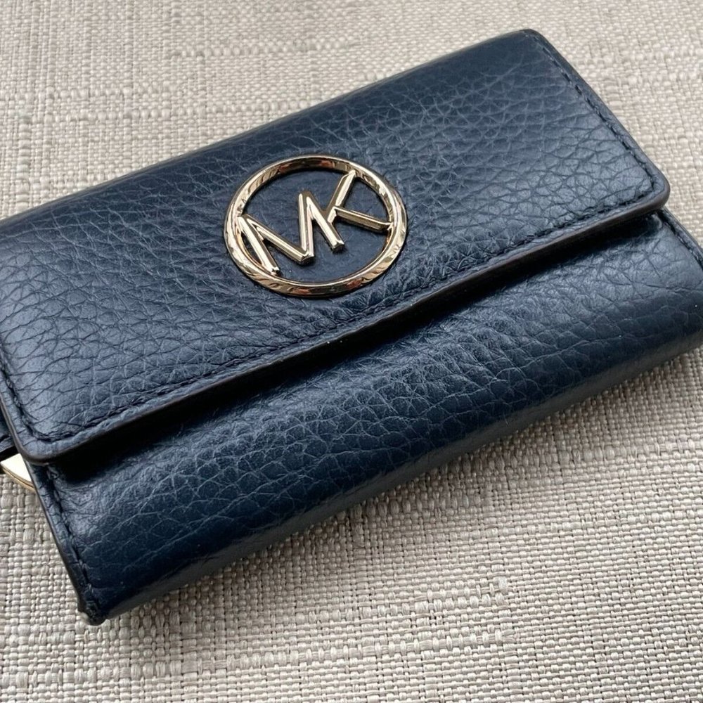 Michael Kors Keys Holder Blue Leather Keychain Mini Wallet Key Fob Keyrings
